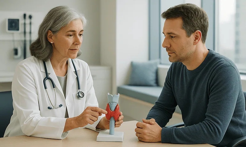 Doctor explaining thyroid model to patient in consultation room.