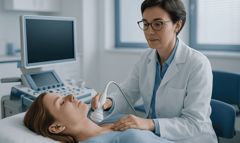 Endocrinologist performing thyroid ultrasound on patient in clinic.
