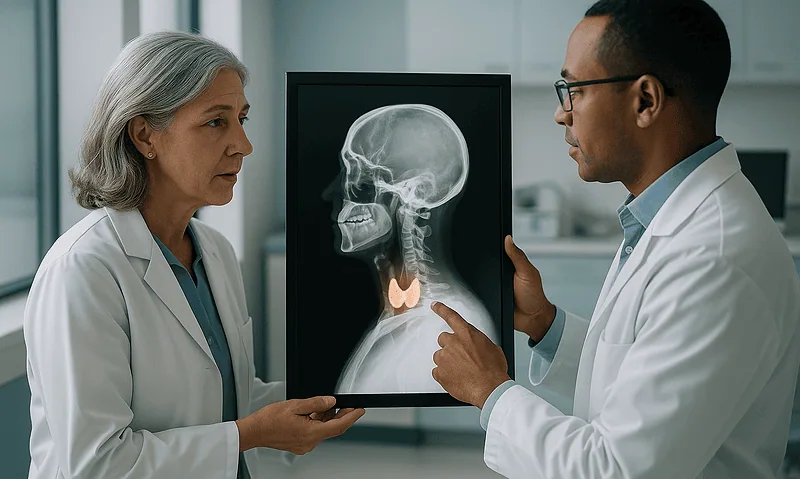 Doctors examining a thyroid X-ray in a medical consultation room.