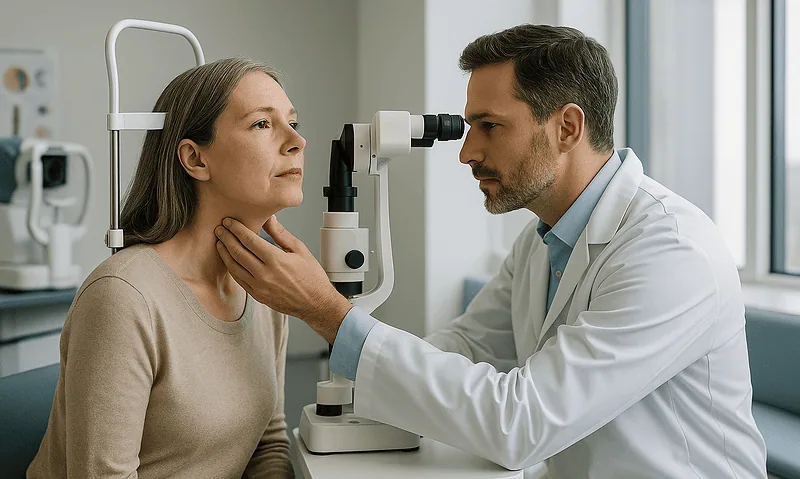 Ophthalmologist examining a woman's eyes with a slit lamp in a clinic setting.