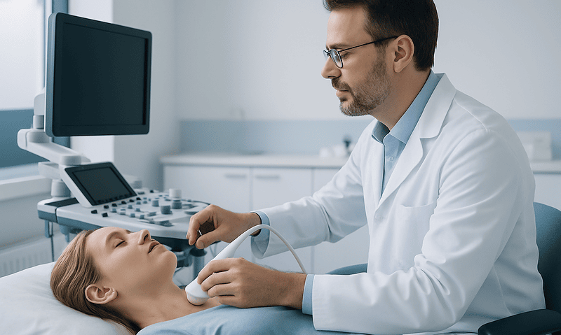 Doctor performing thyroid eye disease ultrasound examination on patient.