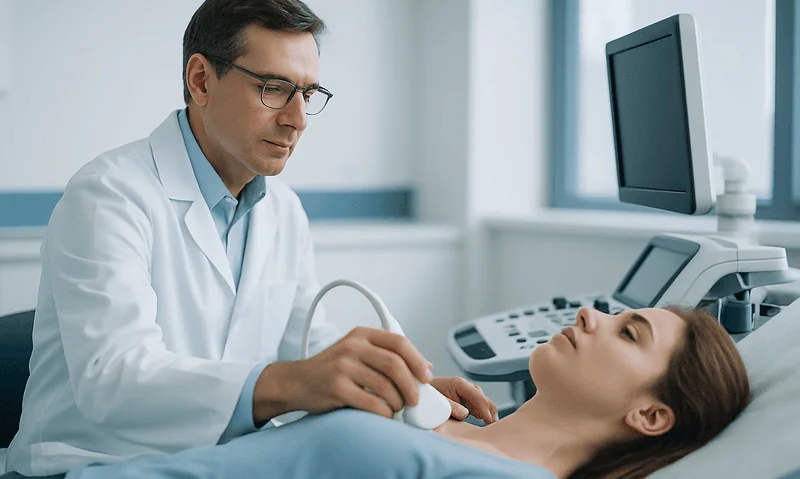 Doctor performing thyroid eye disease examination on patient in clinic.