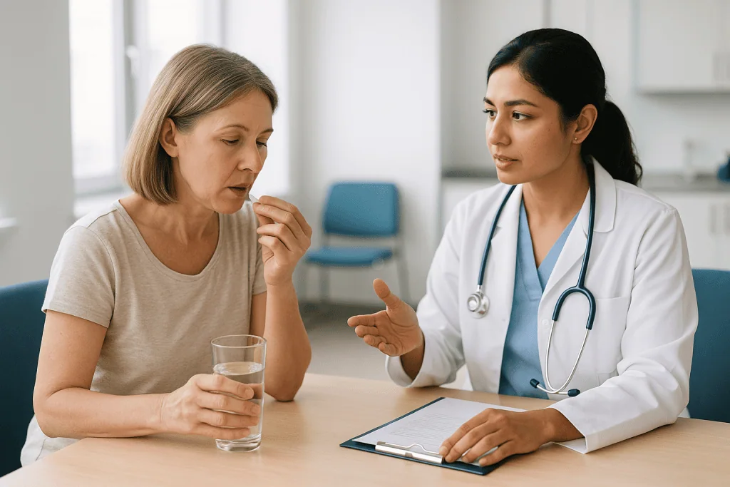 Doctor consulting with adult patient in clinical setting: Thyroid medicines to mention, and why you should not stop them on 