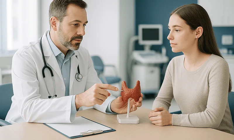 Doctor explaining thyroid model to patient in a medical consultation.