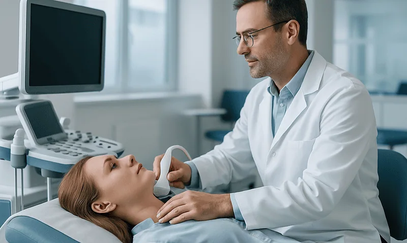 Doctor performing a thyroid ultrasound on a patient in a medical clinic.