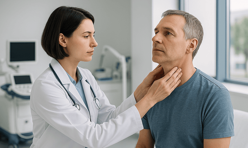 Doctor examining a male patient in a medical clinic setting.