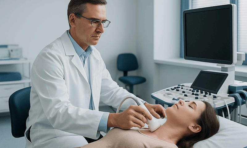 Doctor performing thyroid examination on patient in clinic.