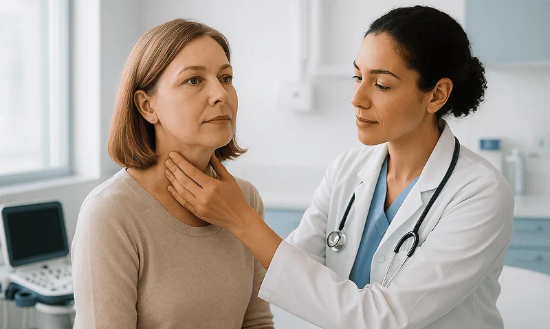 Doctor examining a woman with thyroid concerns in a clinical setting.
