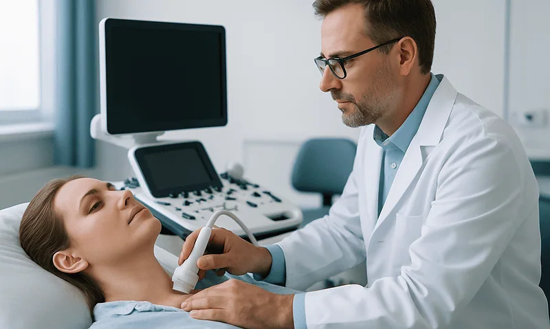 Doctor performing thyroid ultrasound on patient in hospital setting.