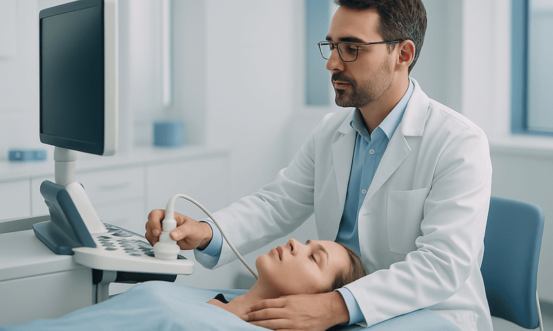 Doctor performing thyroid ultrasound on patient in hospital.