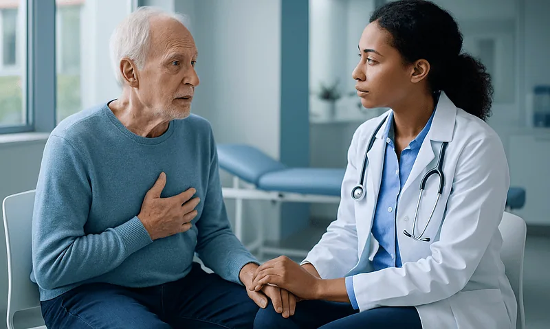Elderly man experiencing chest discomfort during medical consultation.