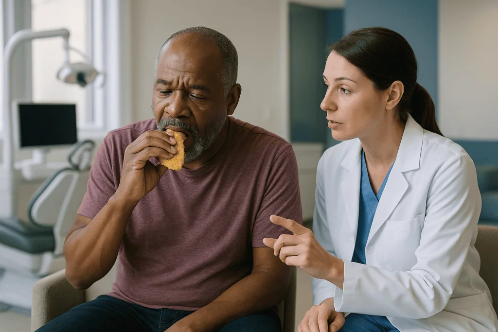 Doctor consulting patient eating food in clinic: Tight spaces: why a single narrow gap is harder than it looks