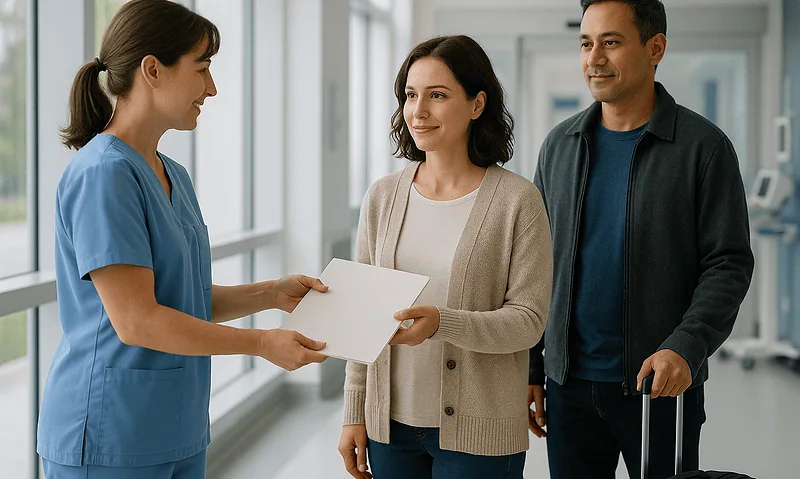 Patient receiving discharge instructions from nurse at hospital.