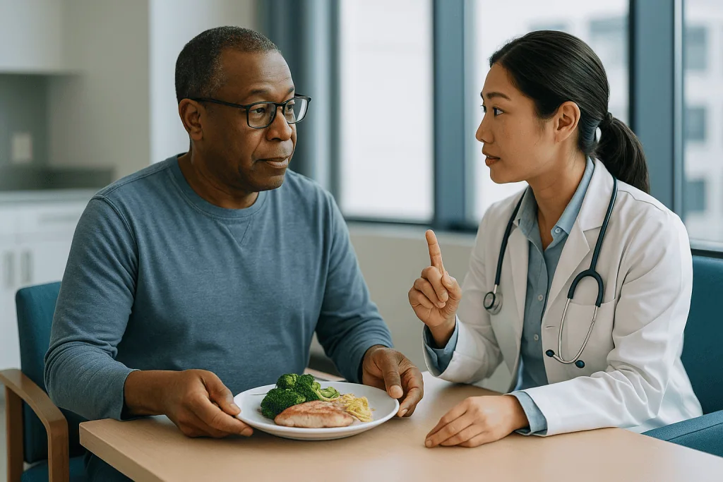 Doctor consulting patient about healthy meal with vegetables: Timing meals: the two-to-three-hour rule and the size of your 