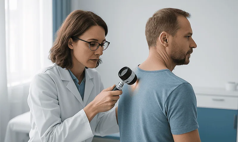Doctor examining patient's skin with a dermatoscope in a clinical setting.