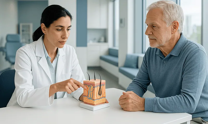 Doctor explaining skin layers to an elderly patient with skin model in clinic.