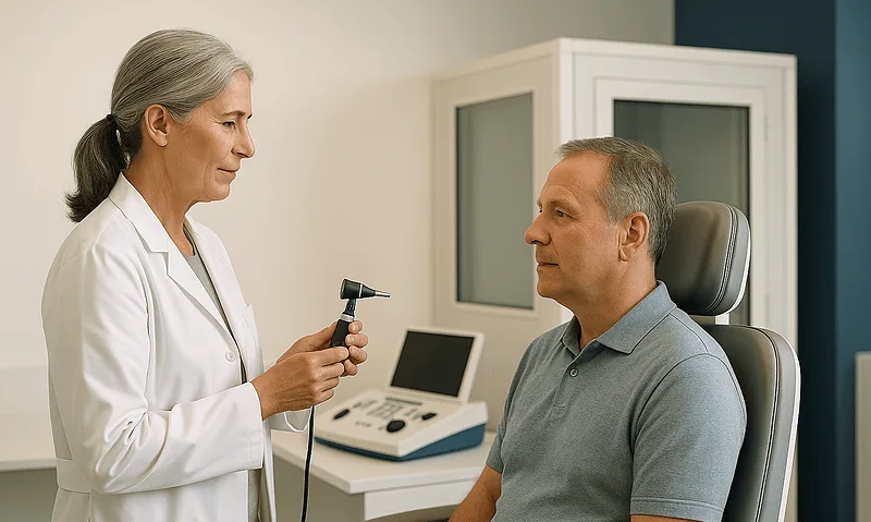Doctor examining patient's ear with otoscope in clinic setting.