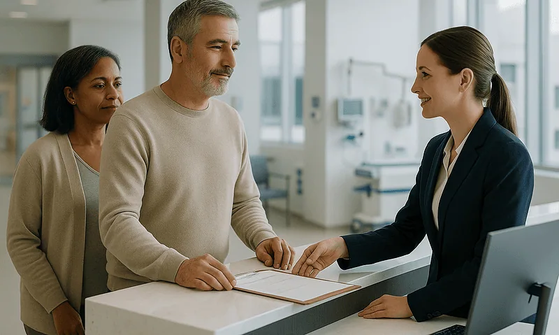 Patient at hospital reception with staff in a modern medical facility.