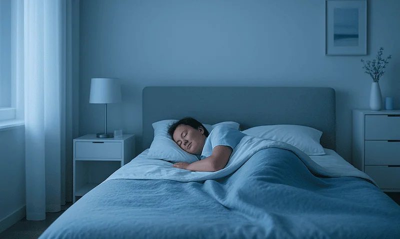 Woman sleeping peacefully in a modern bedroom with blue tones.