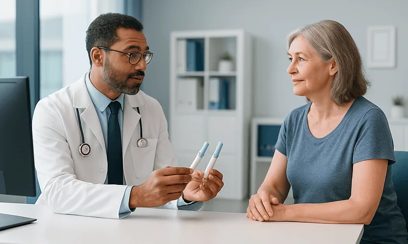 Doctor explaining medication options to an older female patient in a clinic.