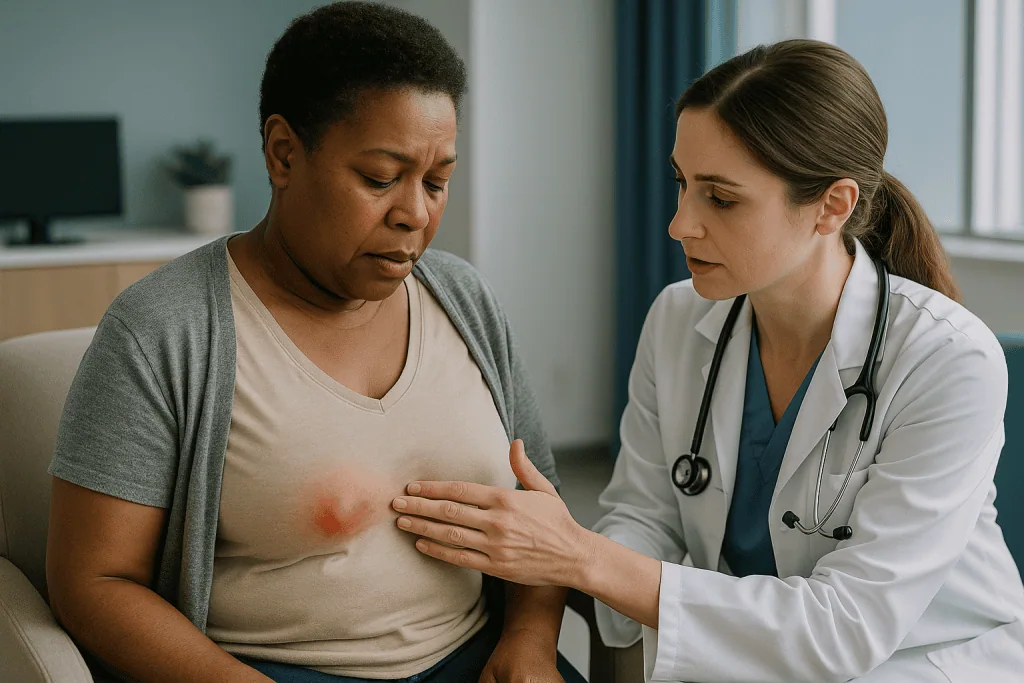 Doctor examining patient's chest for general health concern: Tissue expander infection signs: what changes and when