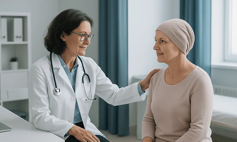 Doctor consulting with a patient about tissue expander issues in a clinic.