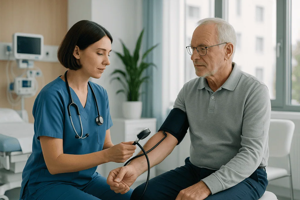Tissue Expansion 1 Doctor measuring senior patient's blood pressure in clinic.