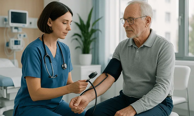 Doctor measuring senior patient's blood pressure in clinic.