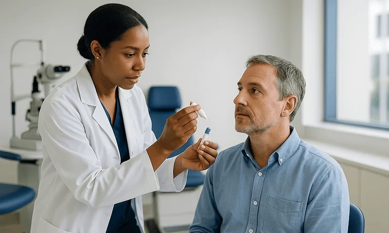 Doctor preparing eye medication for a male patient in a clinic setting.