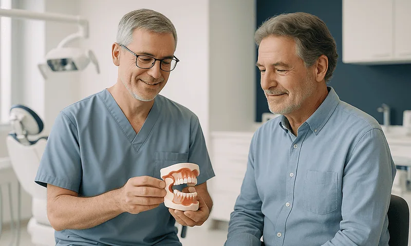 Dentist explaining TMJ treatment with dental model to patient in clinic.