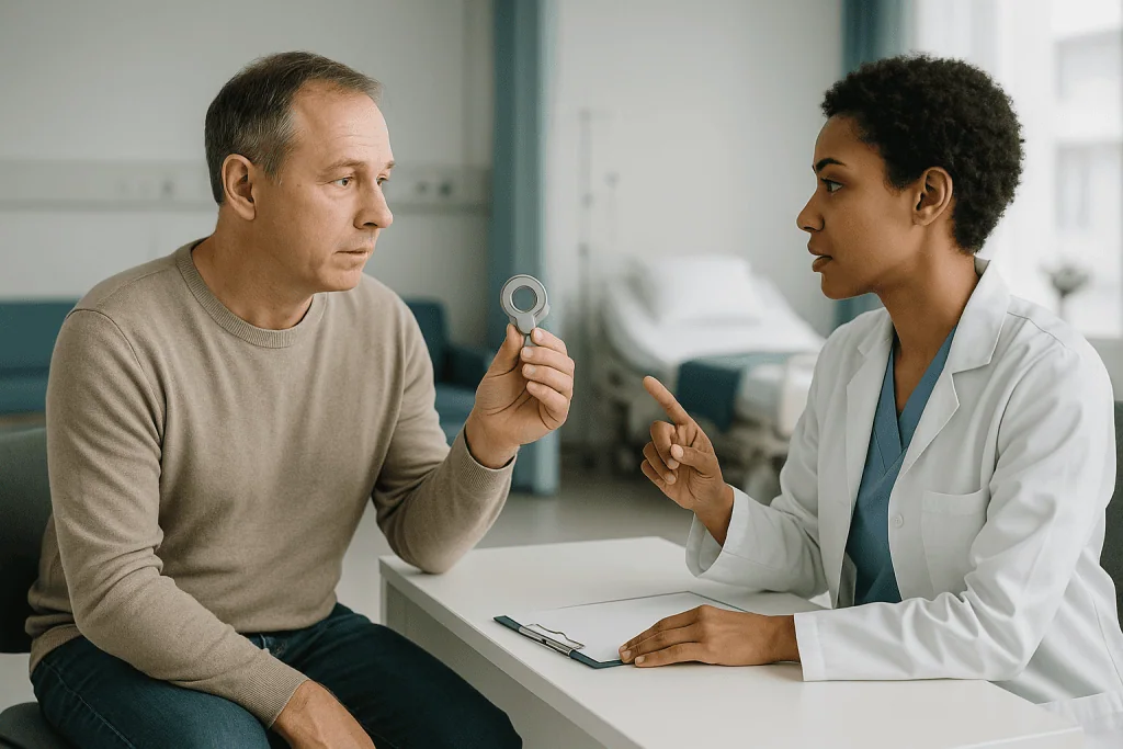Doctor showing medical device to male patient in consultation: TMS contraindications: which metal implants and devices matte
