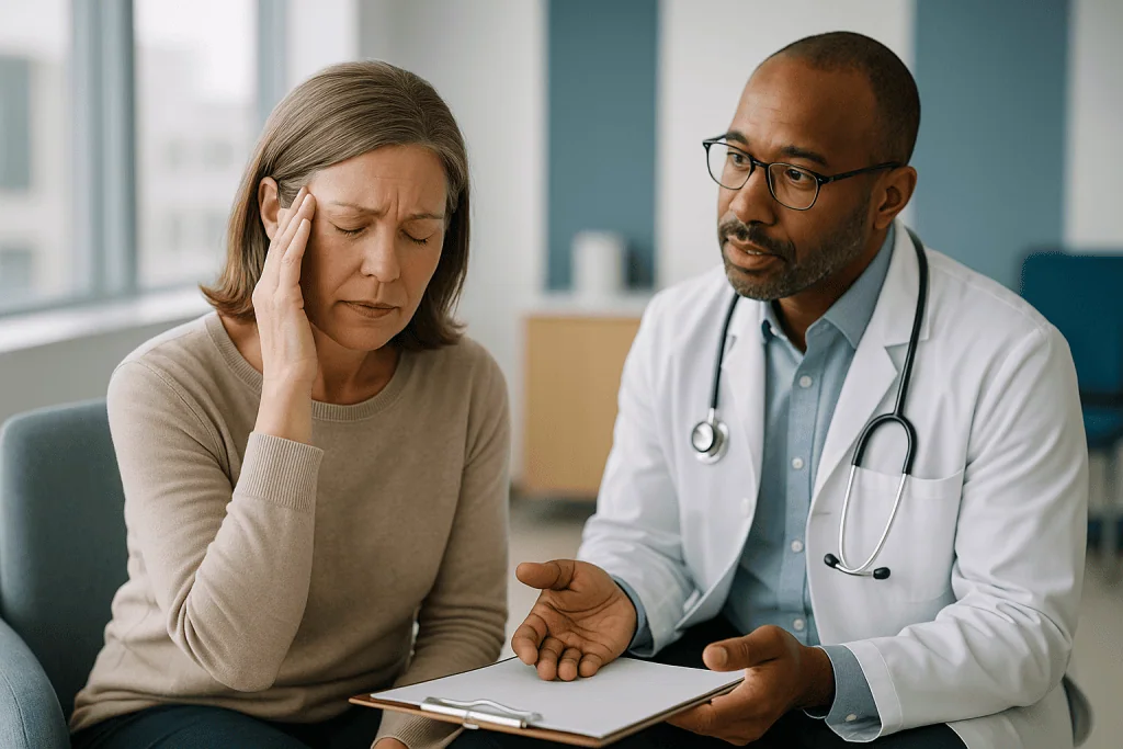 Doctor consulting with patient about medical results: TMS headache: what it feels like and how long it lasts
