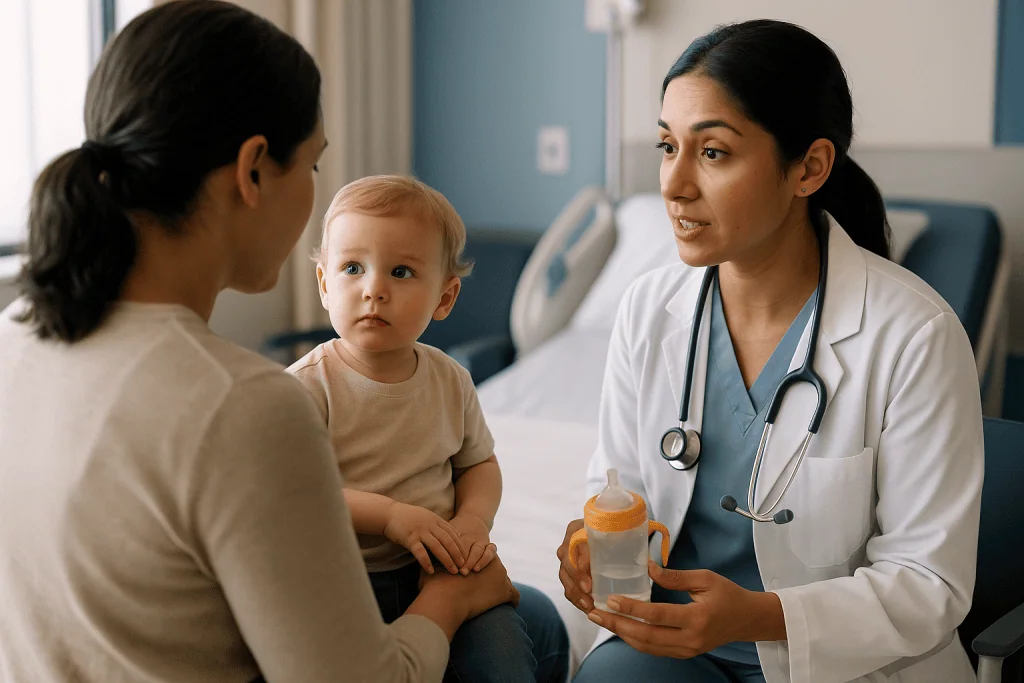 Pediatrician consulting mother and toddler at clinic visit: Toddler surgery preparation: keep it short, close and concrete