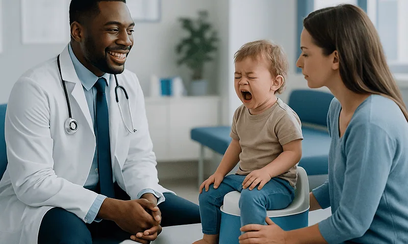 Pediatrician talking to a crying toddler and parent in a clinic setting.