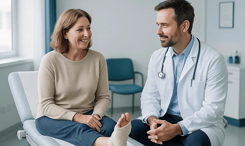 Toe Shortening Surgery Recovery: Surgical Shoes, Swelling and When Shoes Fit Again 8 Patient consulting doctor about toe surgery recovery in clinic.