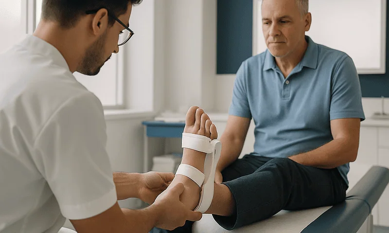 Doctor examining patient's foot in a clinical setting.