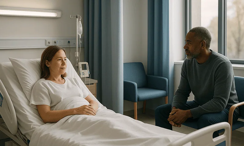 Patient and visitor talking in hospital room at Acibadem Hospitals Group.