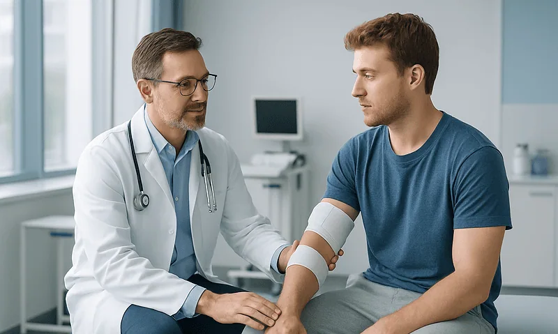 Doctor examining a young man's elbow in a medical clinic setting.