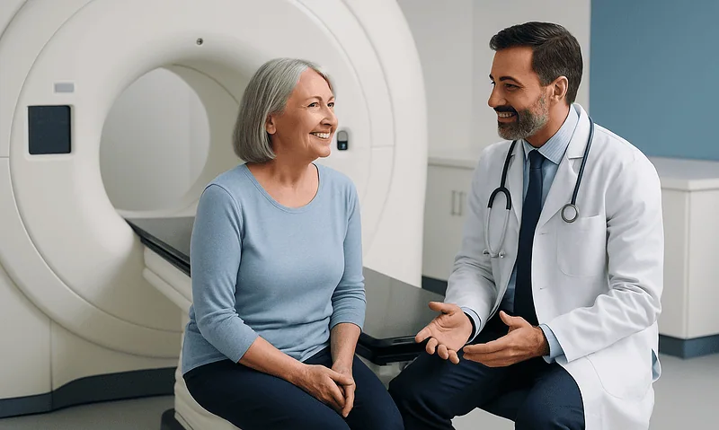 Doctor consulting with an elderly woman in a medical imaging room.