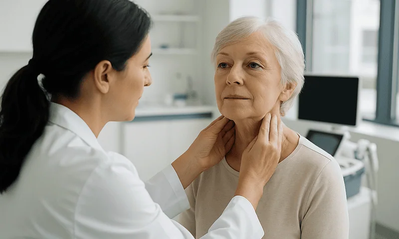 Doctor examining an elderly woman's throat in a medical clinic.