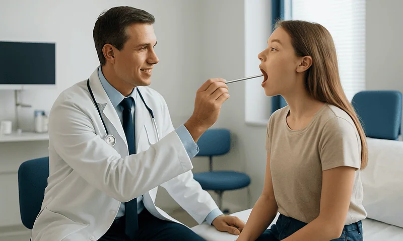 ENT specialist examines patient's throat during consultation at Acibadem Hospital.
