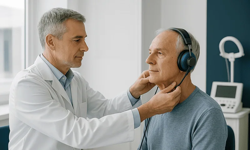 ENT doctor examining an elderly patient's ears in a clinical setting.