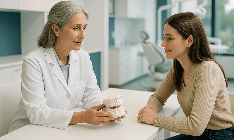 Dentist explaining dental health to a patient in a clinic setting.