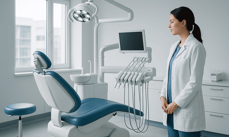 Modern dental clinic with dental chair and equipment at Acibadem Hospitals Group.
