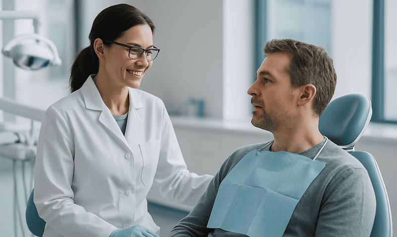 Dentist consulting with patient in dental clinic at Acibadem Hospitals Group.