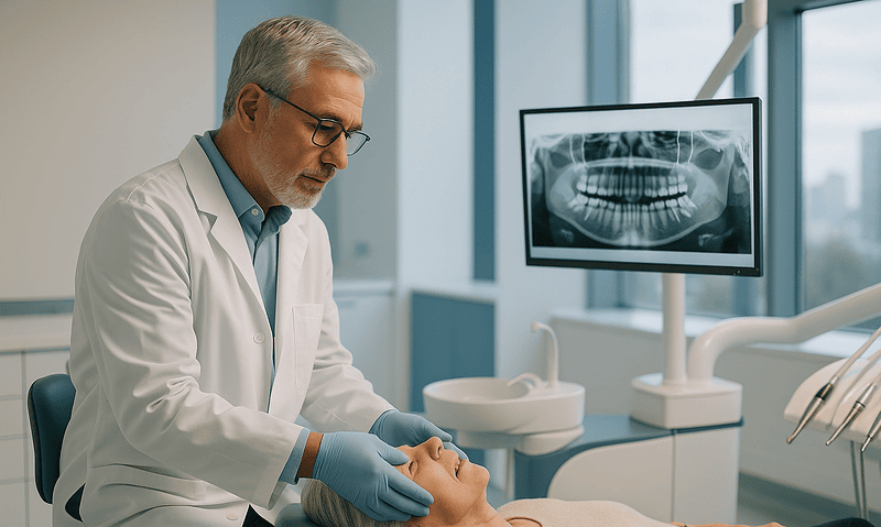 Dentist examining patient's mouth during dental check-up in clinic.