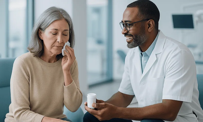 Tooth Extraction Aftercare: The First 72 Hours Done Right 7 Dentist explaining medication to an elderly woman after tooth extraction.