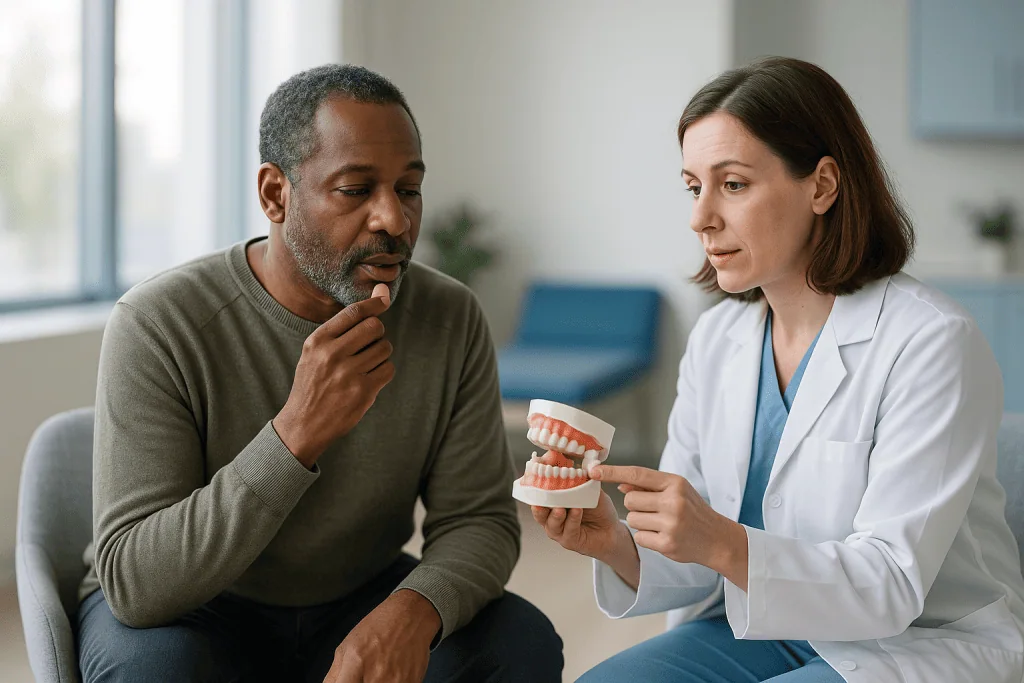 Dentist explaining dental model to male patient: Tooth extraction healing stages, week by week