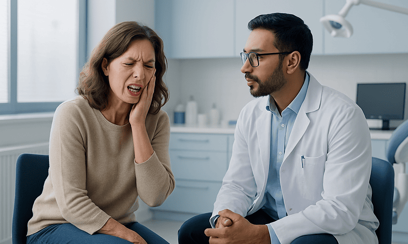 Woman experiencing tooth pain during dental consultation with doctor.
