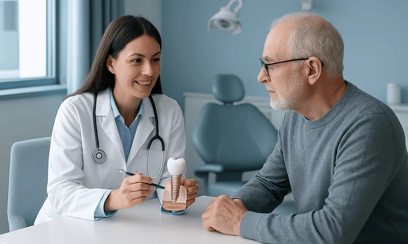 Dentist explaining dental implant options to an elderly patient.